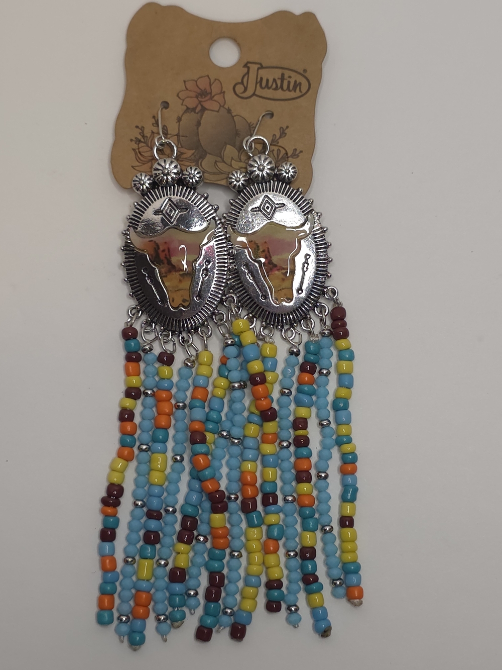 Justin Boots Turquoise Yellow Orange Burgundy Beaded Fringe Western Earrings